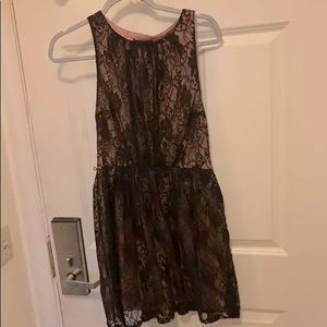 Dusty peach shift dress with black lace overlay